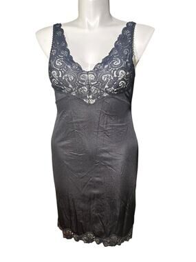 Vintage Illusione Black Lace Full Slip Dress Size 36 Classic Lingerie Nightgown